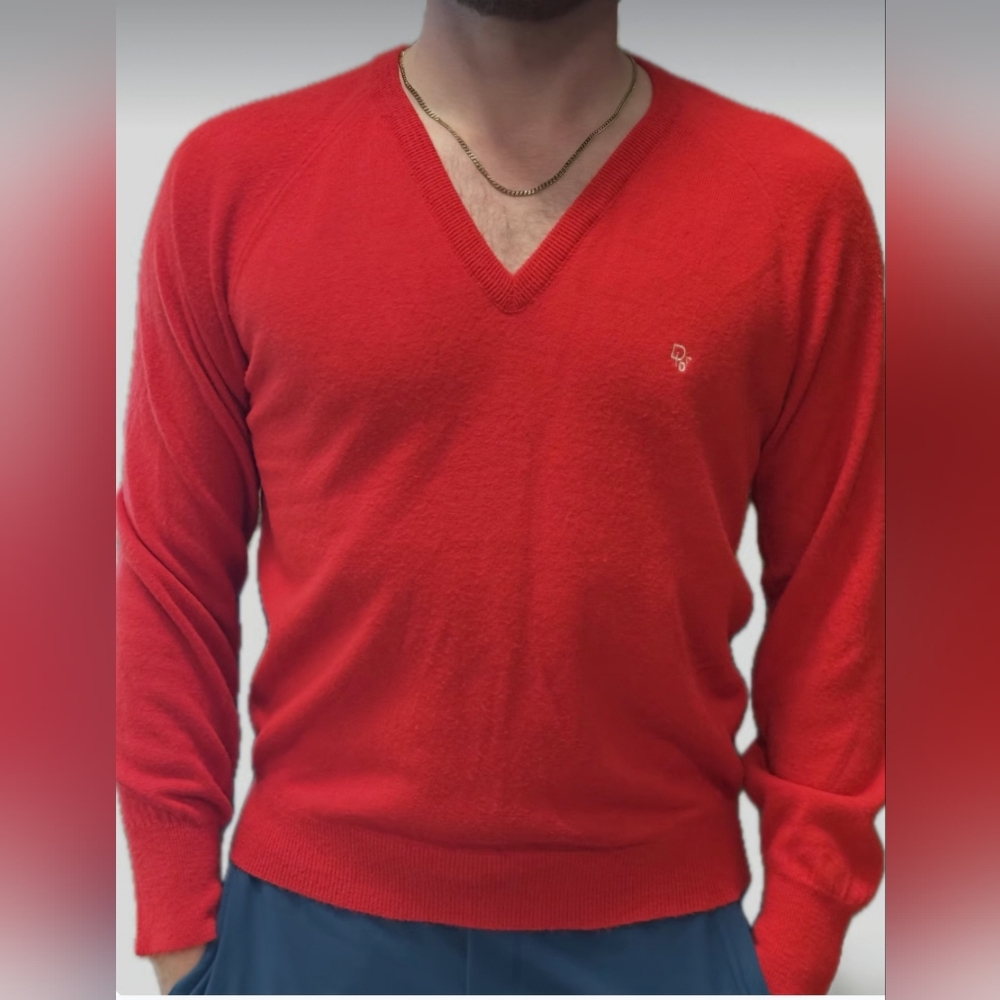 Vintage Christian Dior V-Neck Sweater in Vibrant Red M